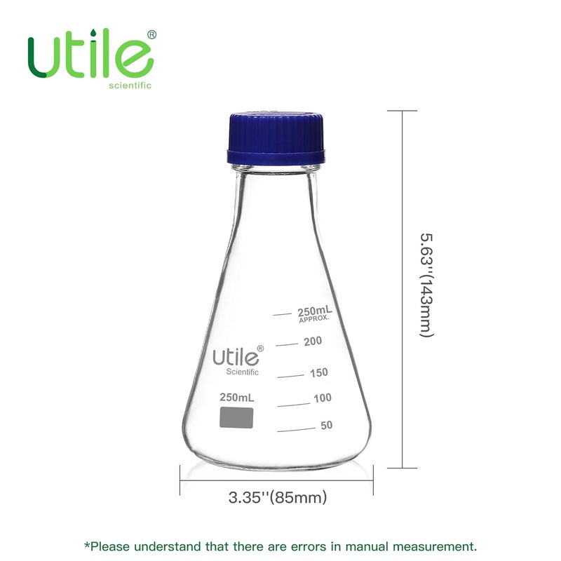 UTILE 4 Pcs 250ml Glass Erlenmeyer Flask with Blue Cap, Narrow Mouth Erlenmeyer Flasks, Borosilicate 3.3 Glass Conical Flask for Lab Experiment Chemistry Science,4016.0752.4 - Image 2